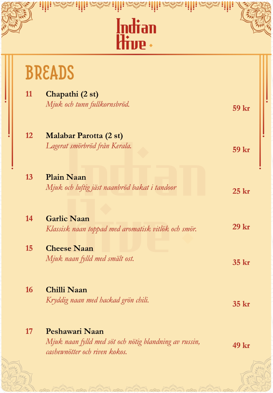 Indian Hive Menu