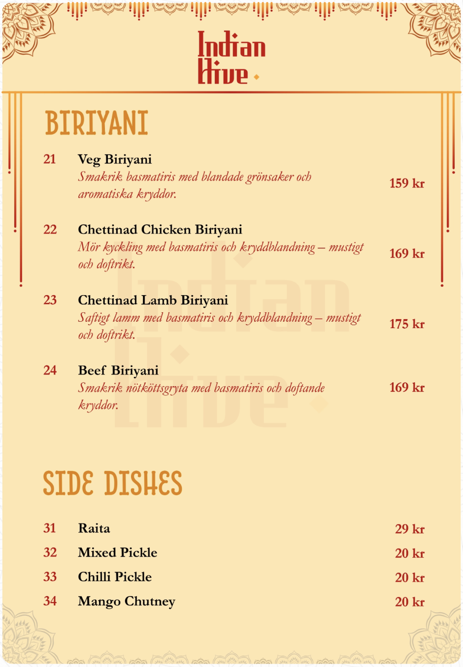 Indian Hive Menu
