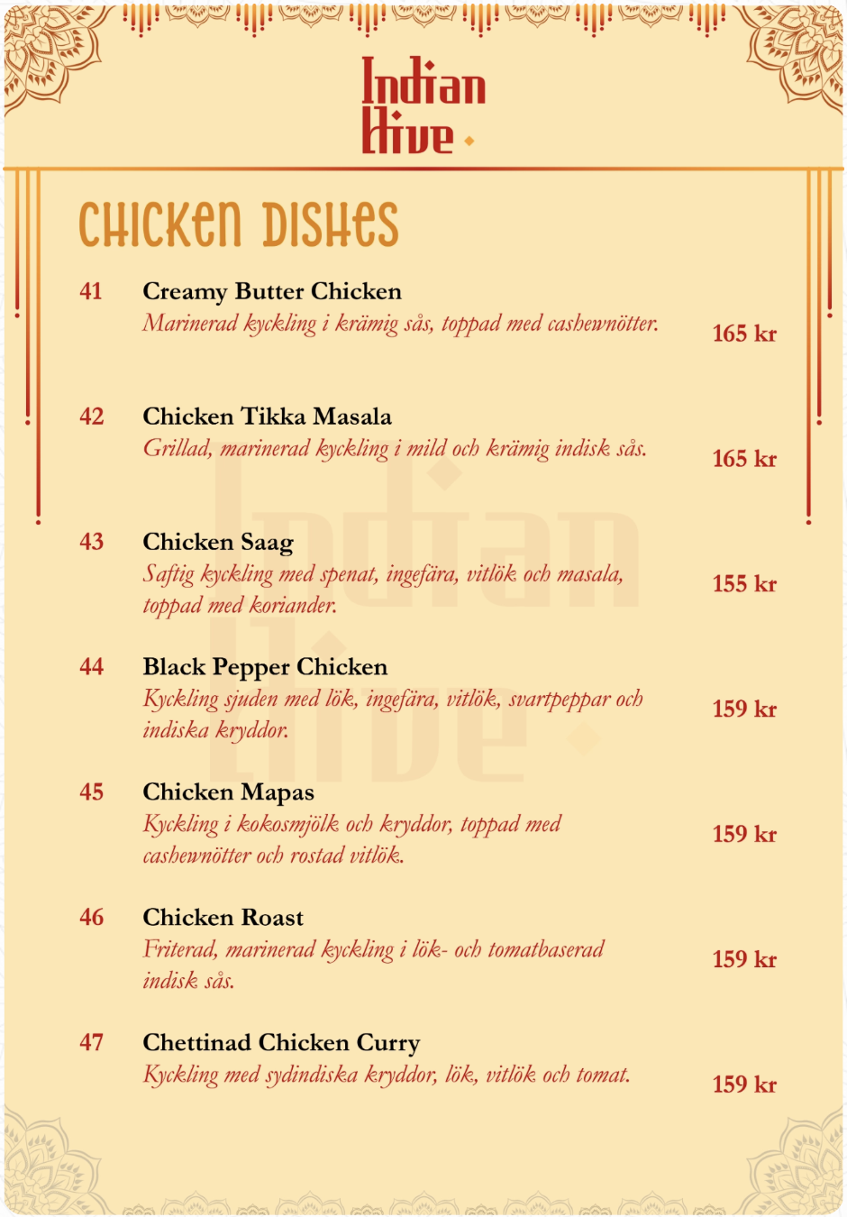 Indian Hive Menu