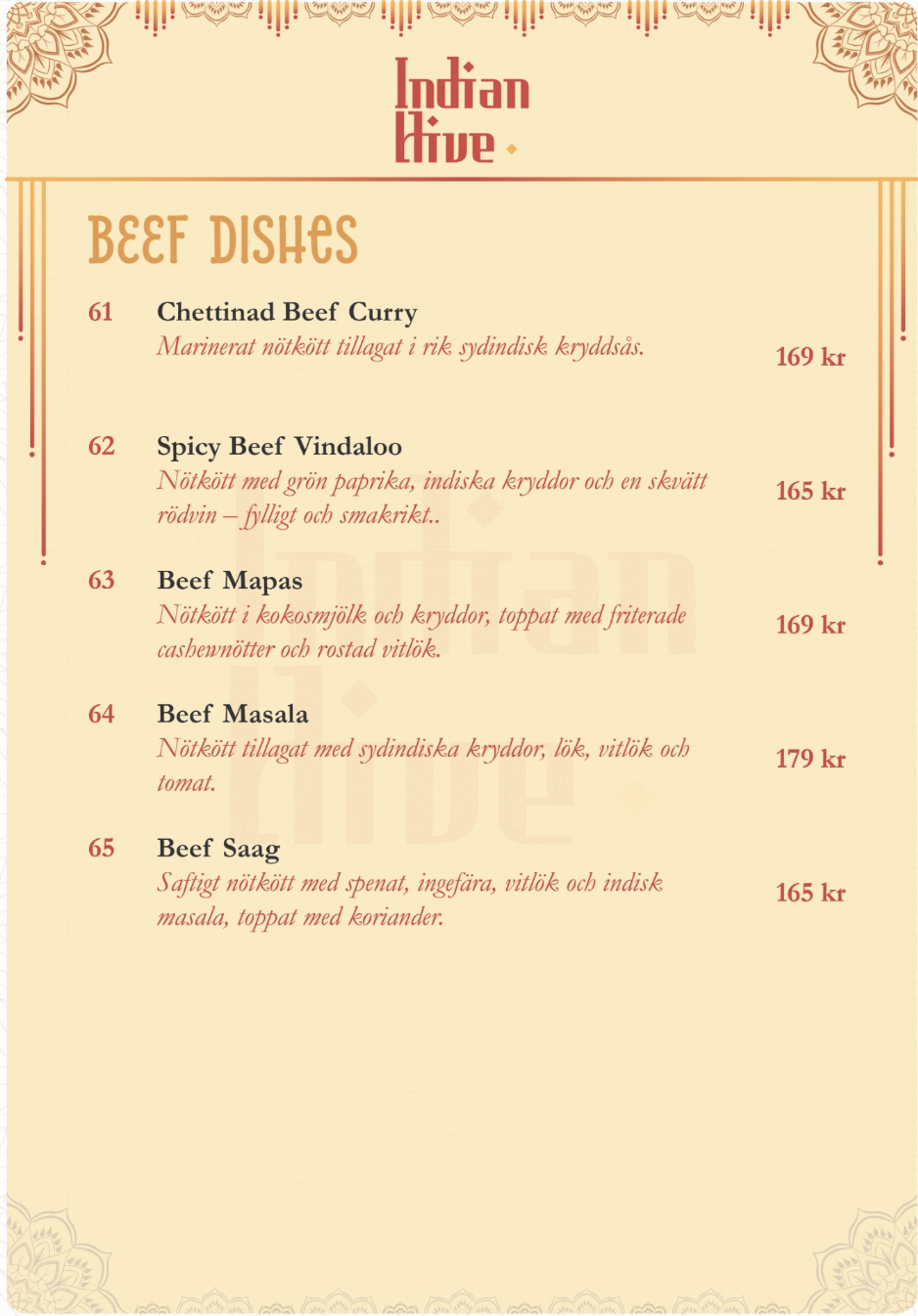 Indian Hive Menu