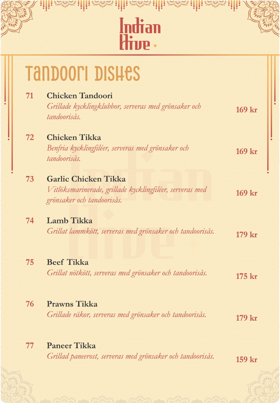 Indian Hive Menu