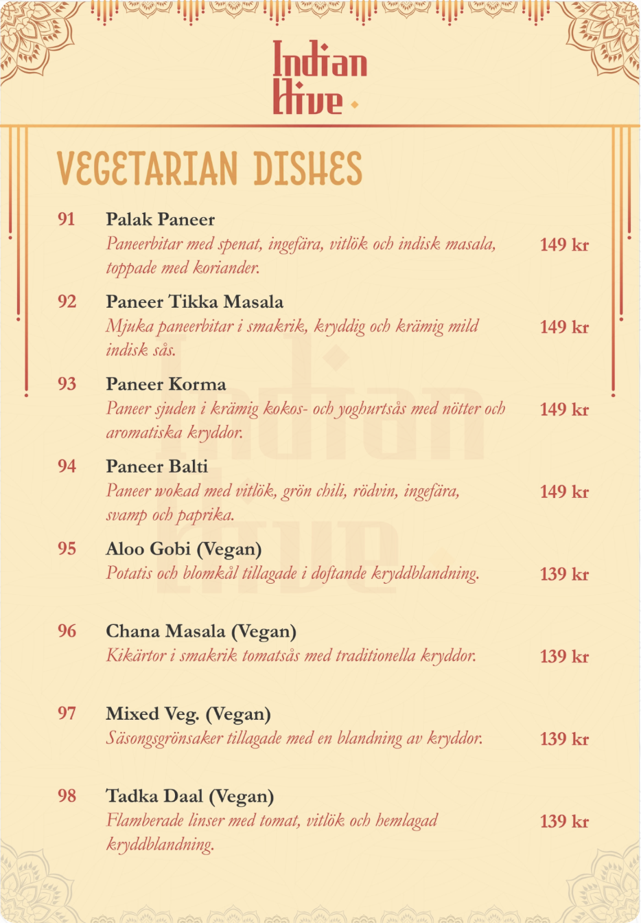 Indian Hive Menu
